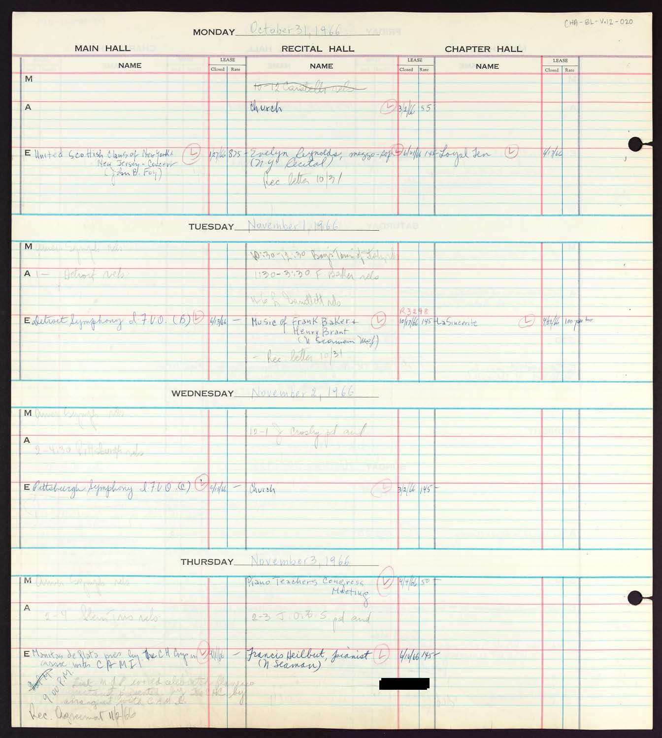 Carnegie Hall Booking Ledger, volume 12, page 20