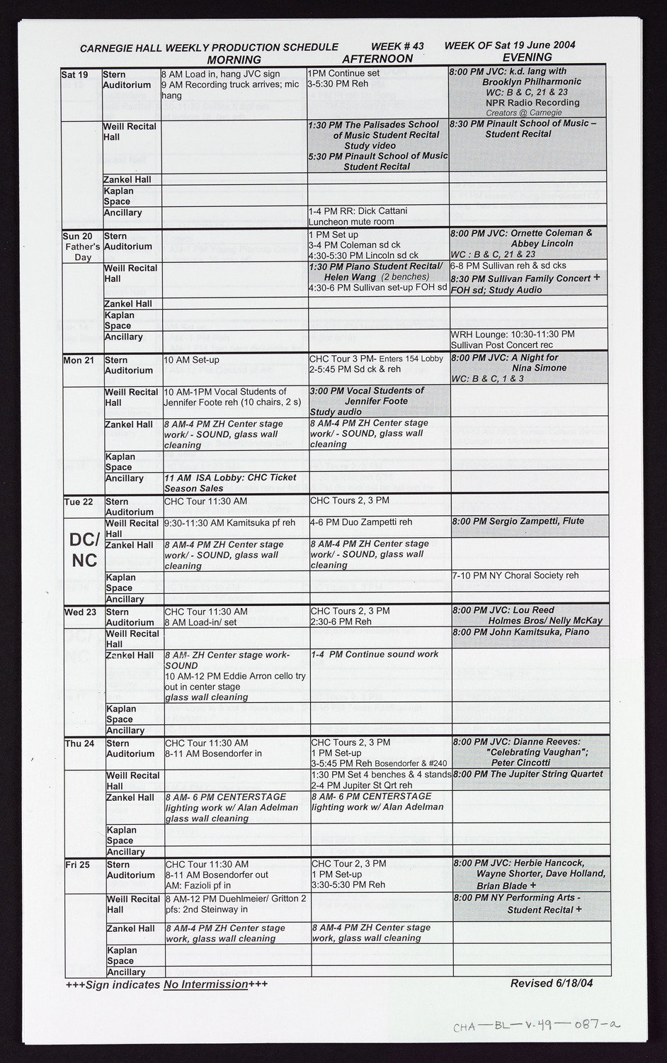 Carnegie Hall Booking Ledger, volume 49, page 87a