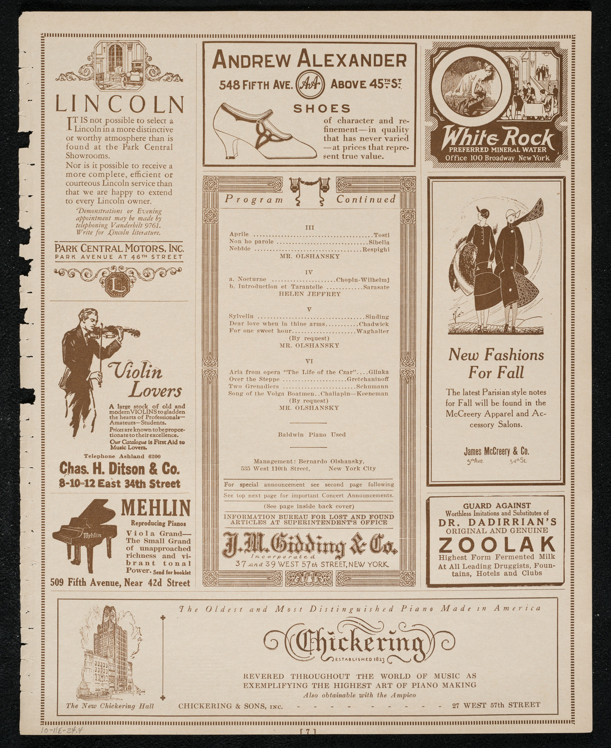 Bernardo Olshanky, Baritone, assisted by Helen Jeffrey, October 11, 1924, program page 7
