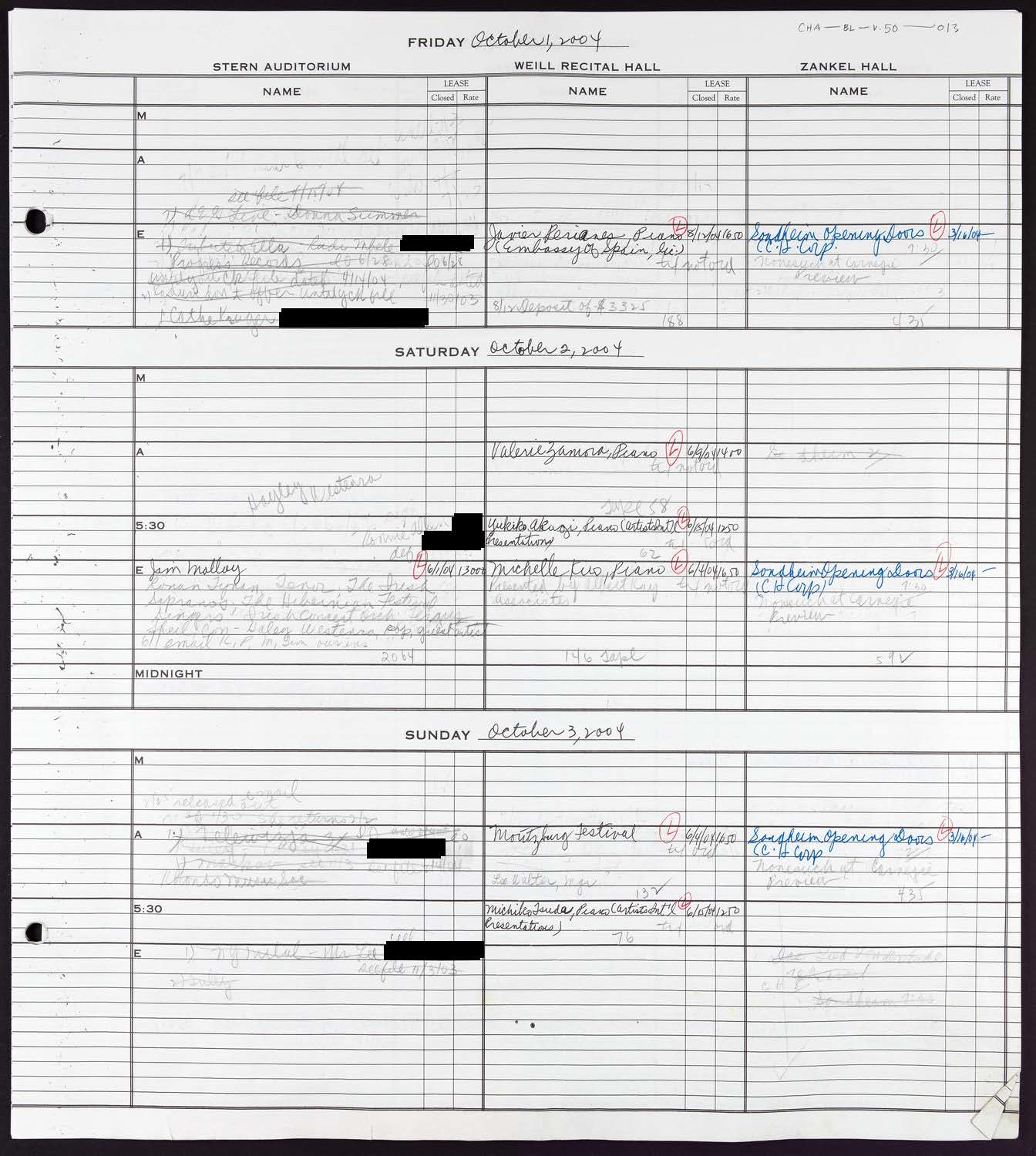 Carnegie Hall Booking Ledger, volume 50, page 13