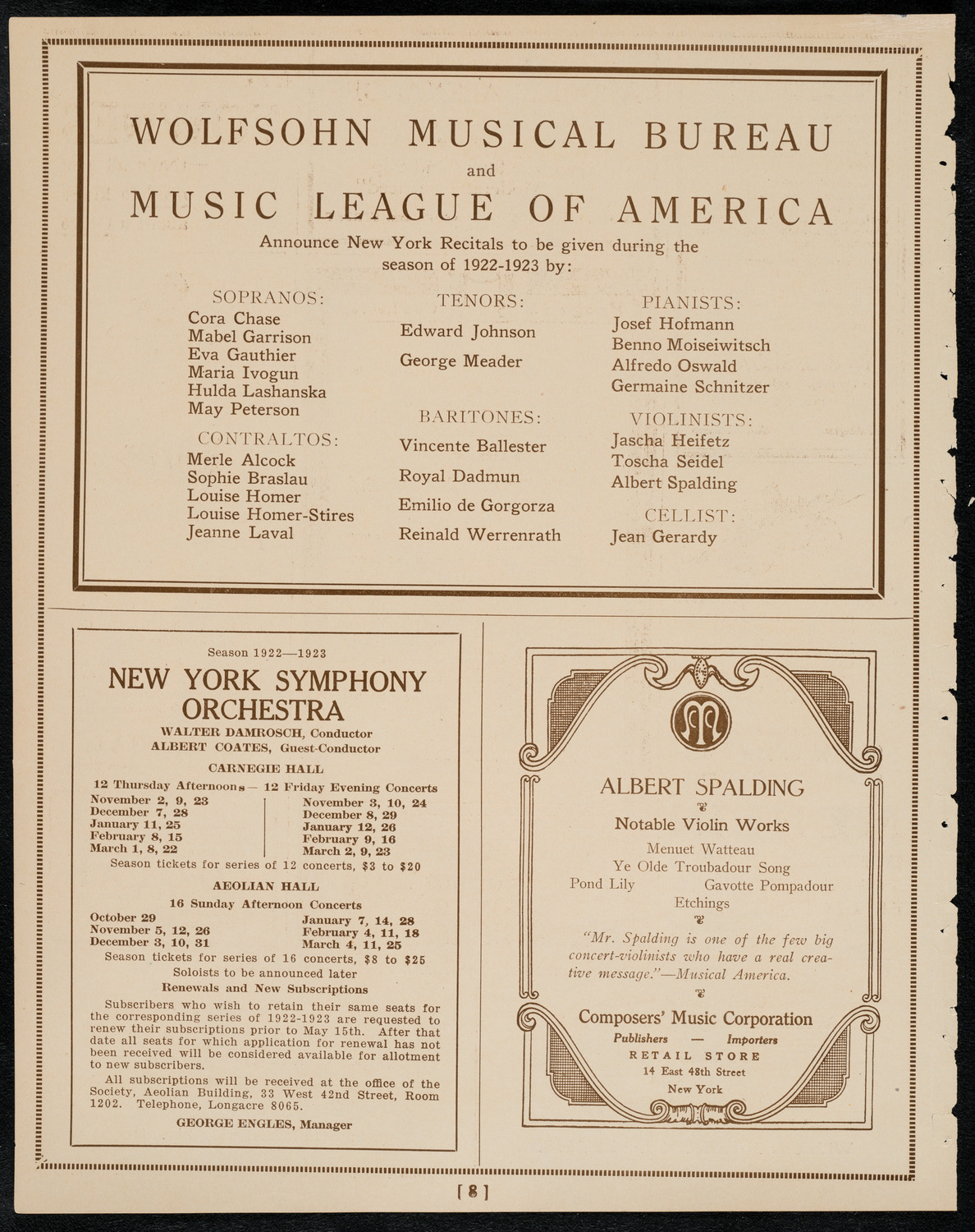 New York Philharmonic, April 26, 1922, program page 8
