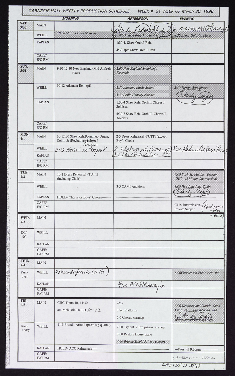 Carnegie Hall Booking Ledger, volume 41, page 63a