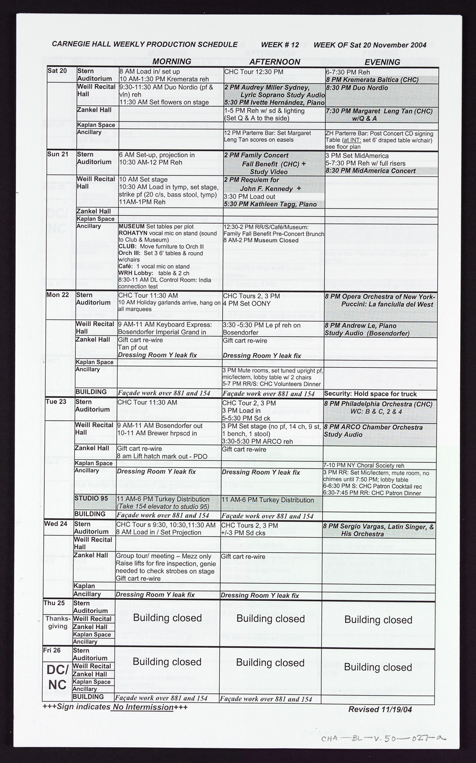 Carnegie Hall Booking Ledger, volume 50, page 27a