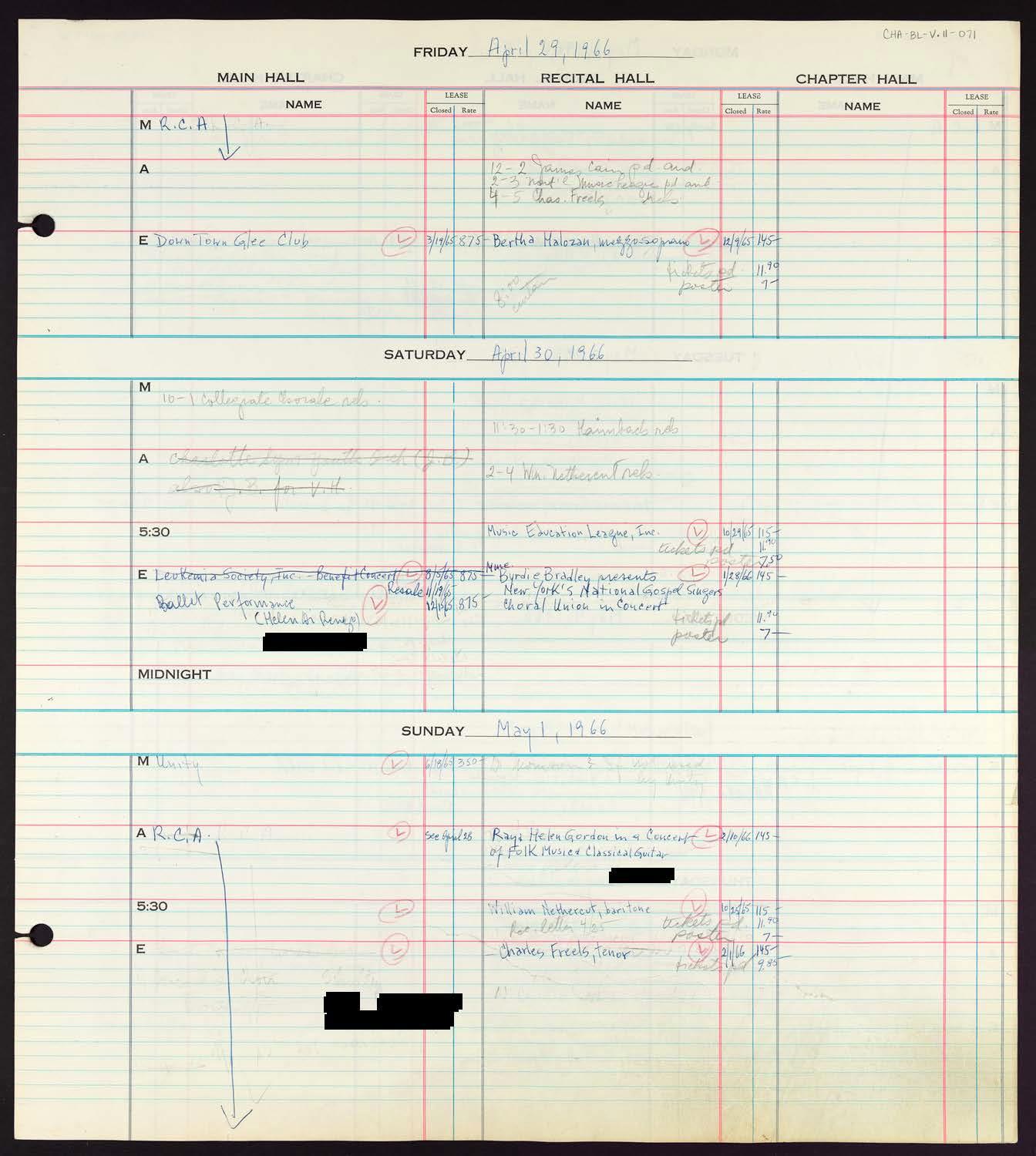 Carnegie Hall Booking Ledger, volume 11, page 71