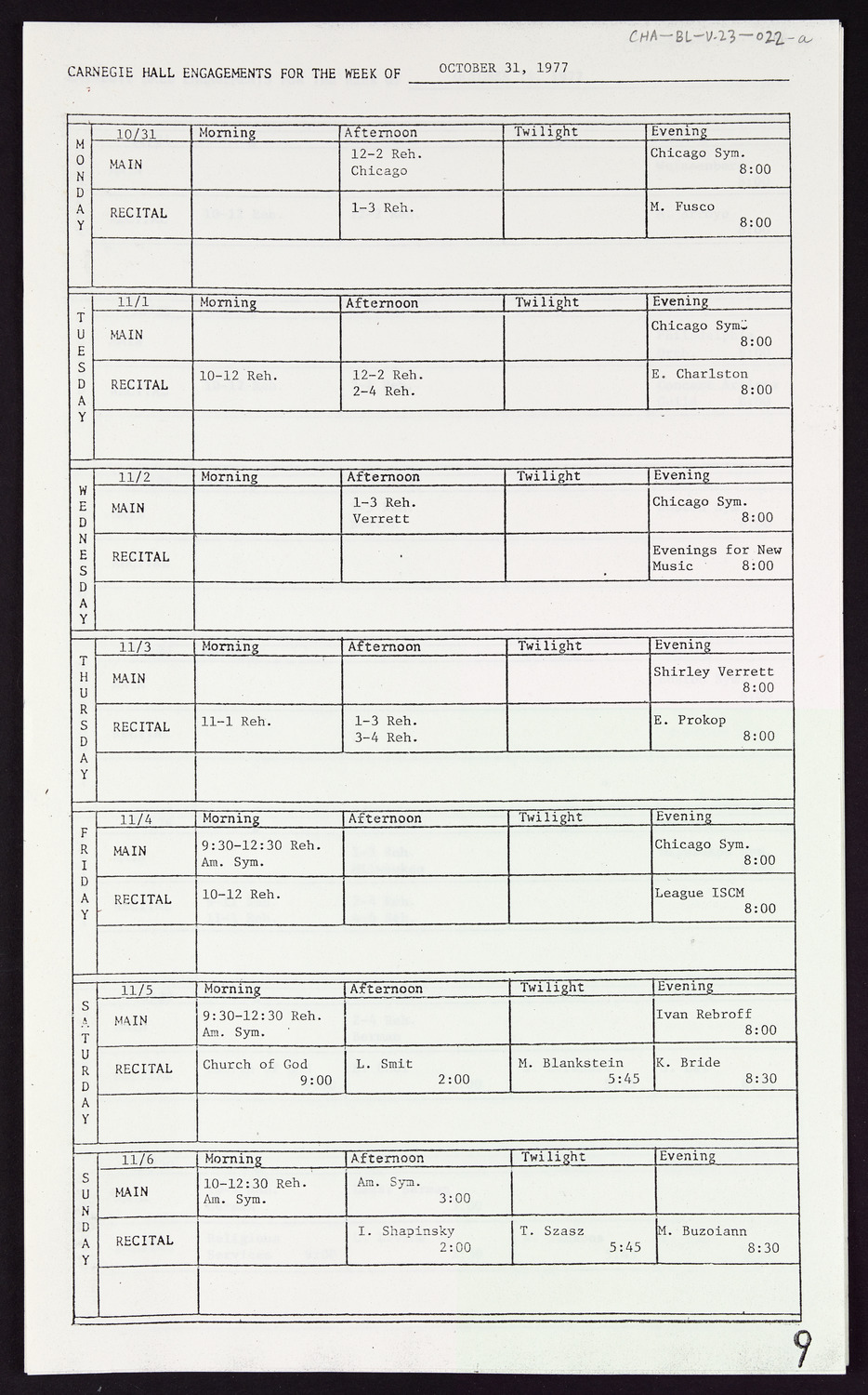 Carnegie Hall Booking Ledger, volume 23, page 22a