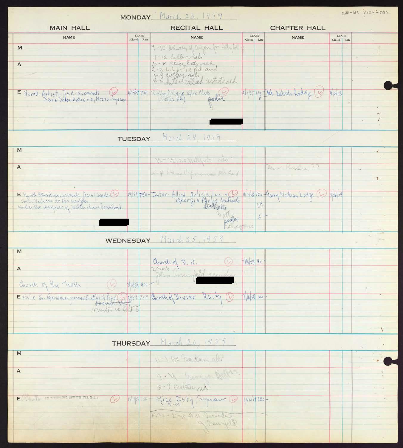 Carnegie Hall Booking Ledger, volume 4, page 52