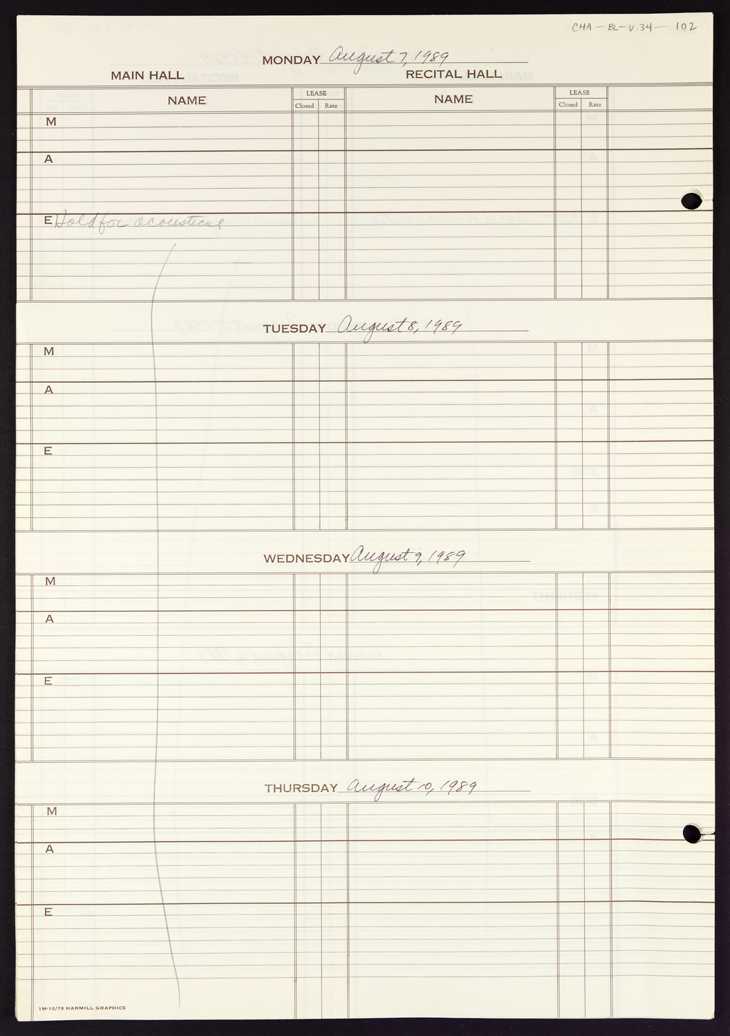 Carnegie Hall Booking Ledger, volume 34, page 102