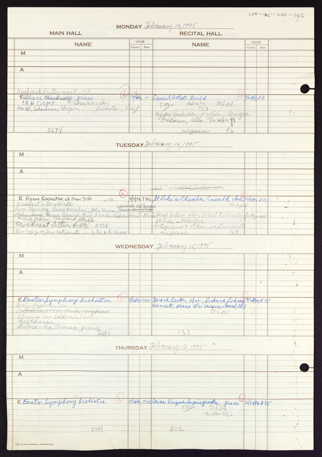 Carnegie Hall Booking Ledger, volume 40, page 52