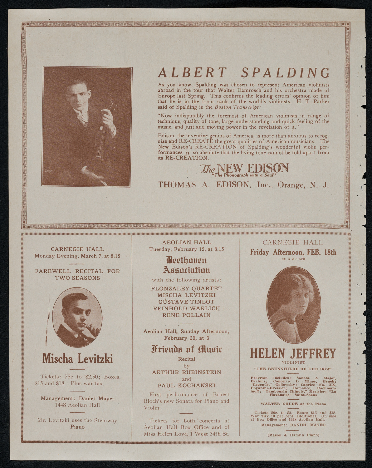 Harold Bauer, Piano, and Jacques Thibaud, Violin, assisted by Mischa Levitzki and Sascha Jacobsen, February 14, 1921, program page 2