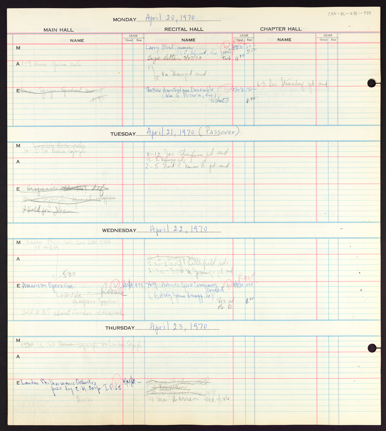 Carnegie Hall Booking Ledger, volume 15, page 70