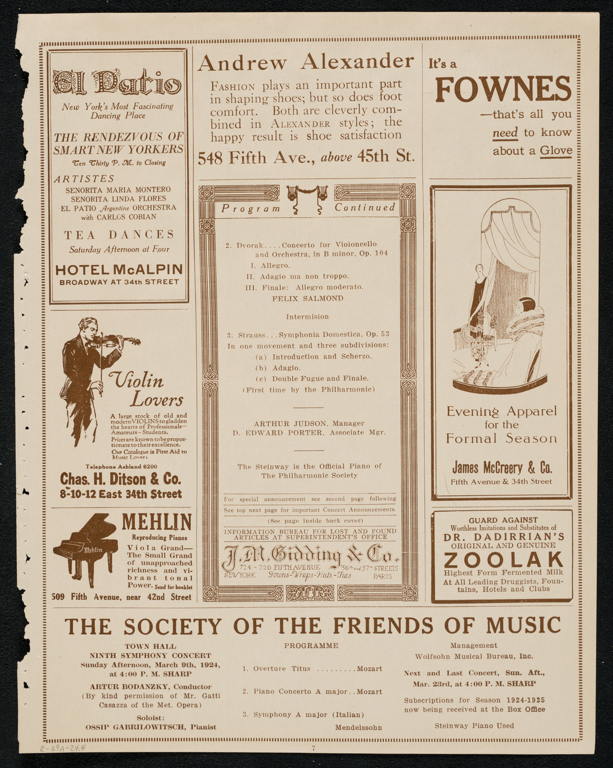 New York Philharmonic, February 29, 1924, program page 7
