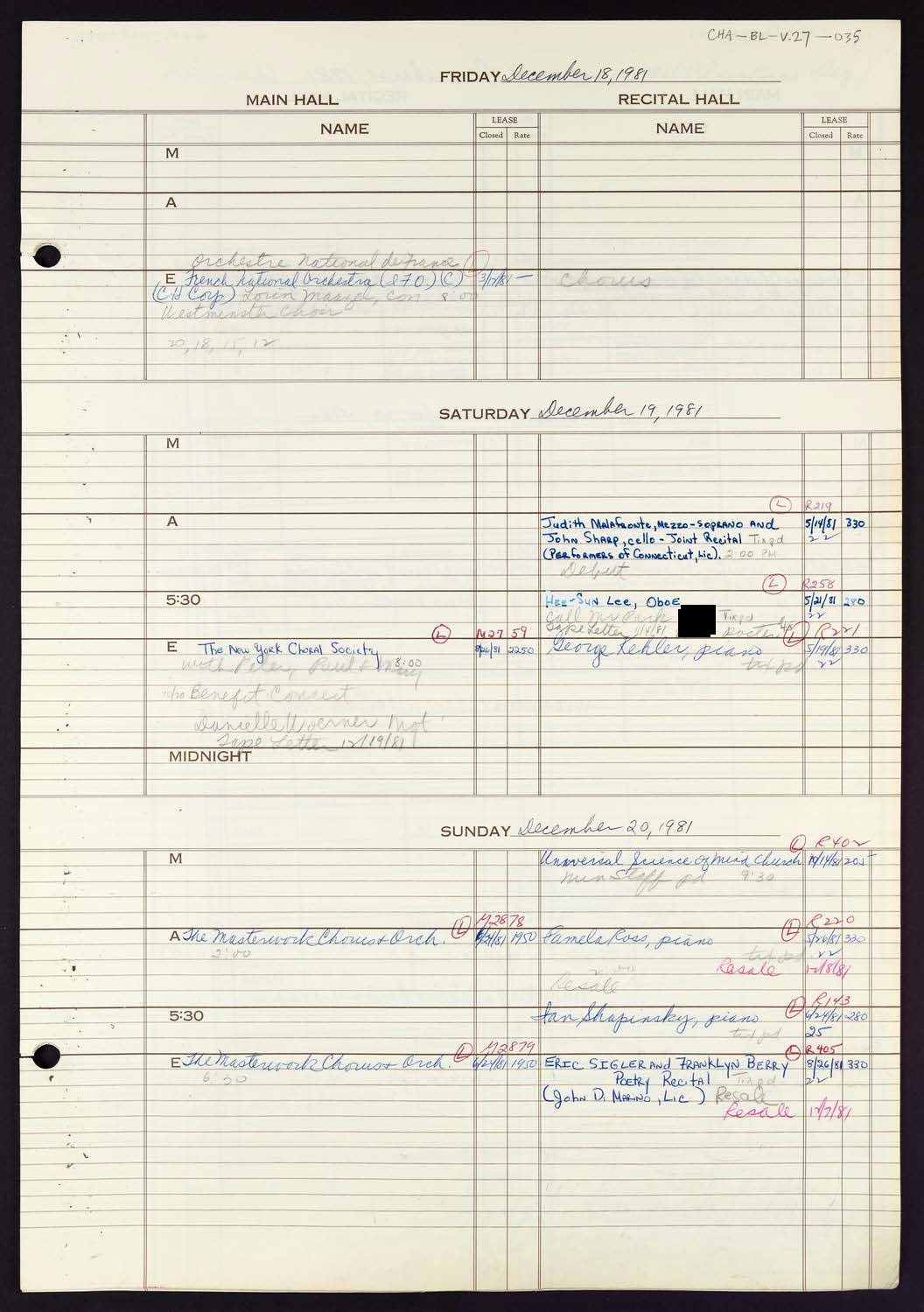 Carnegie Hall Booking Ledger, volume 27, page 35