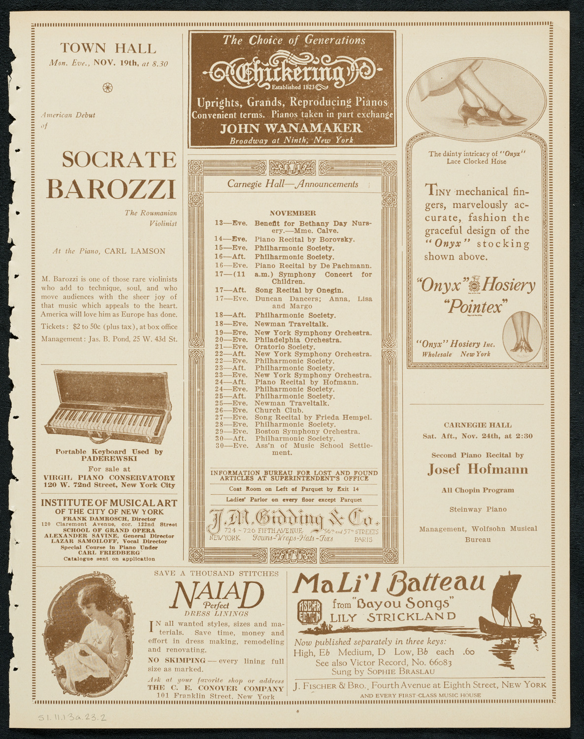 Pavel Ludikar, Bronislaw Huberman, and Alexander Borovsky, November 13, 1923, program page 3