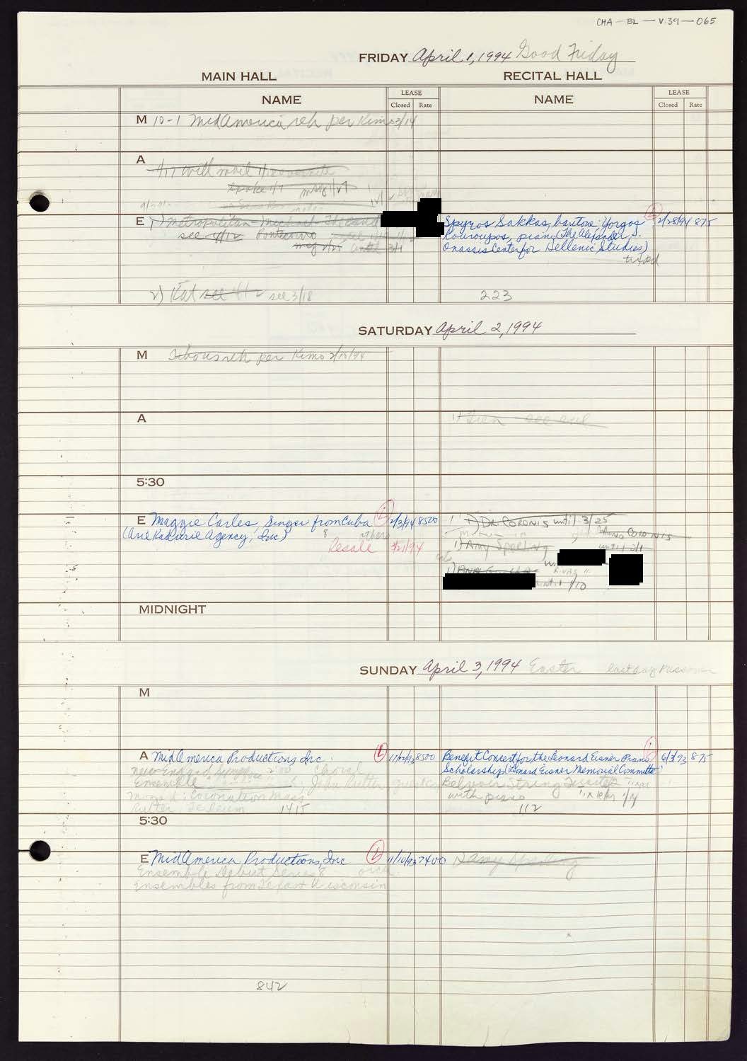 Carnegie Hall Booking Ledger, volume 39, page 65