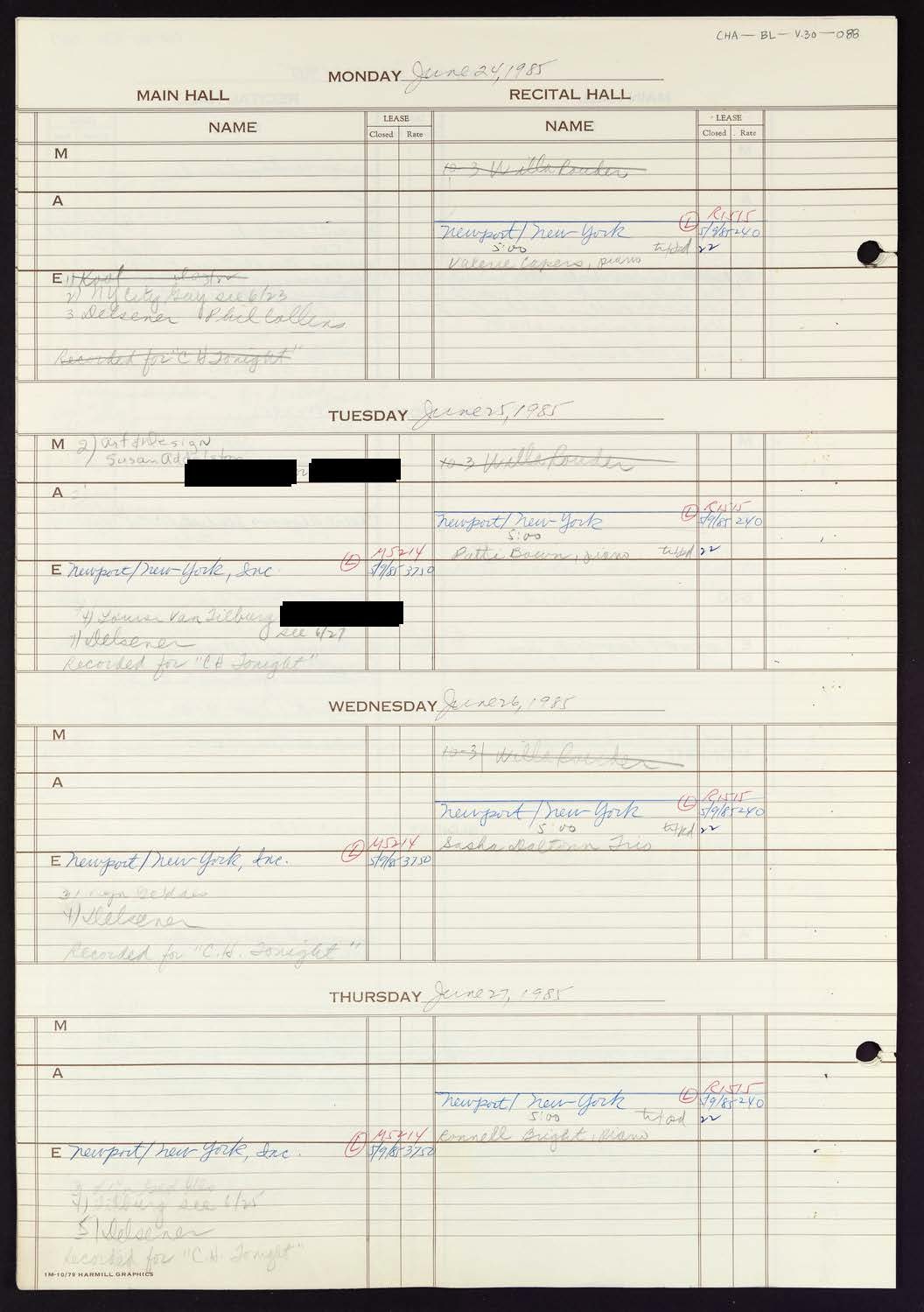 Carnegie Hall Booking Ledger, volume 30, page 88