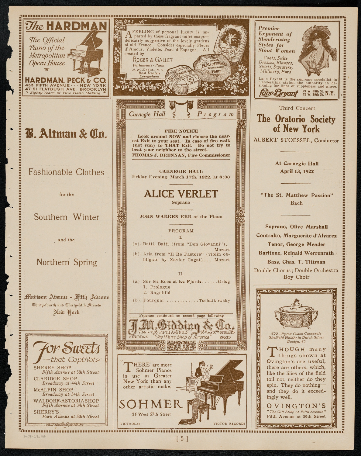 Alice Verlet, Soprano, March 17, 1922, program page 5
