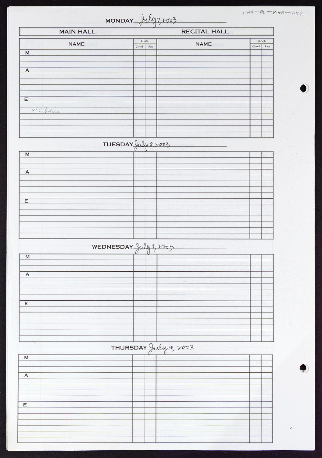 Carnegie Hall Booking Ledger, volume 48, page 92