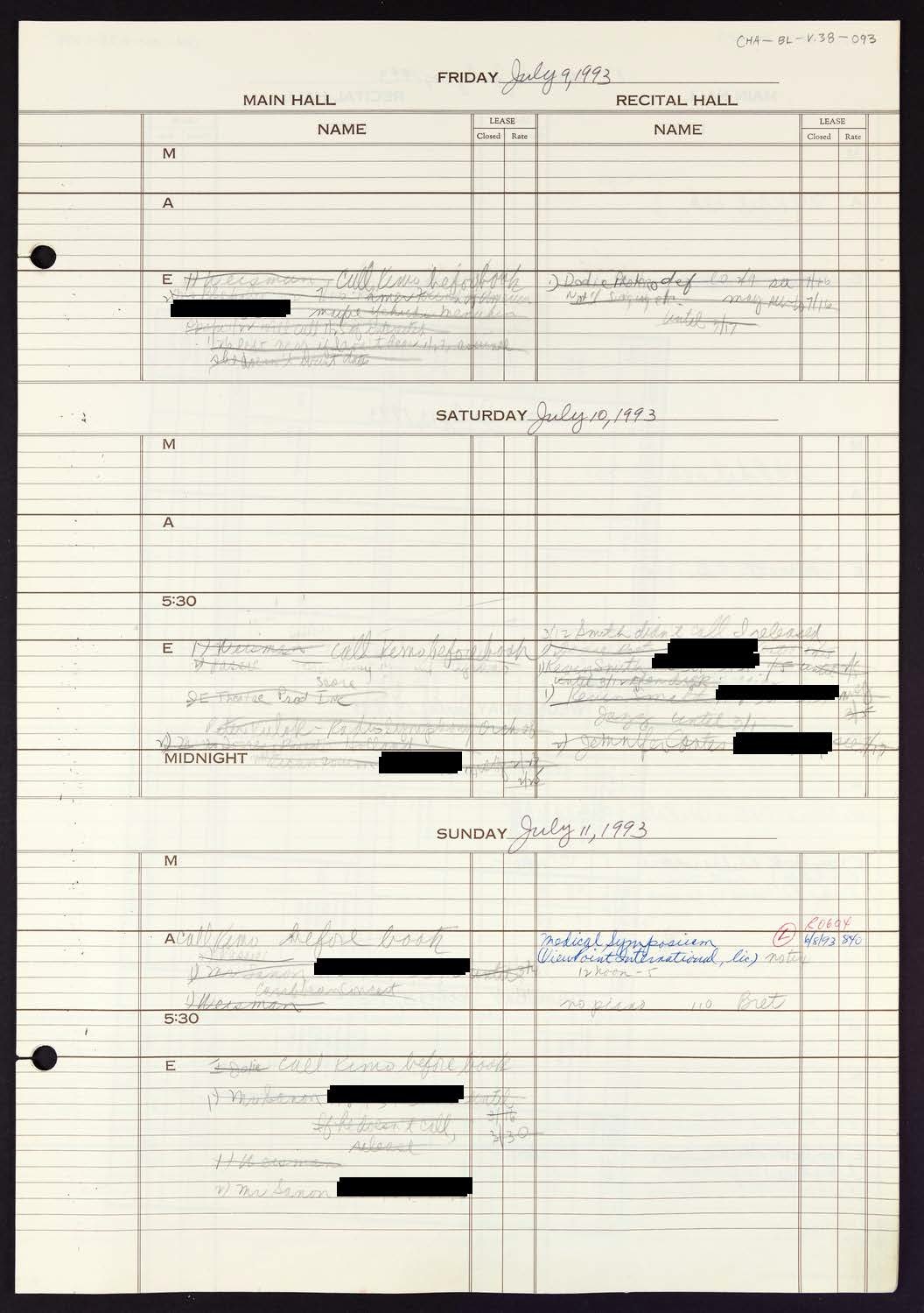 Carnegie Hall Booking Ledger, volume 38, page 93