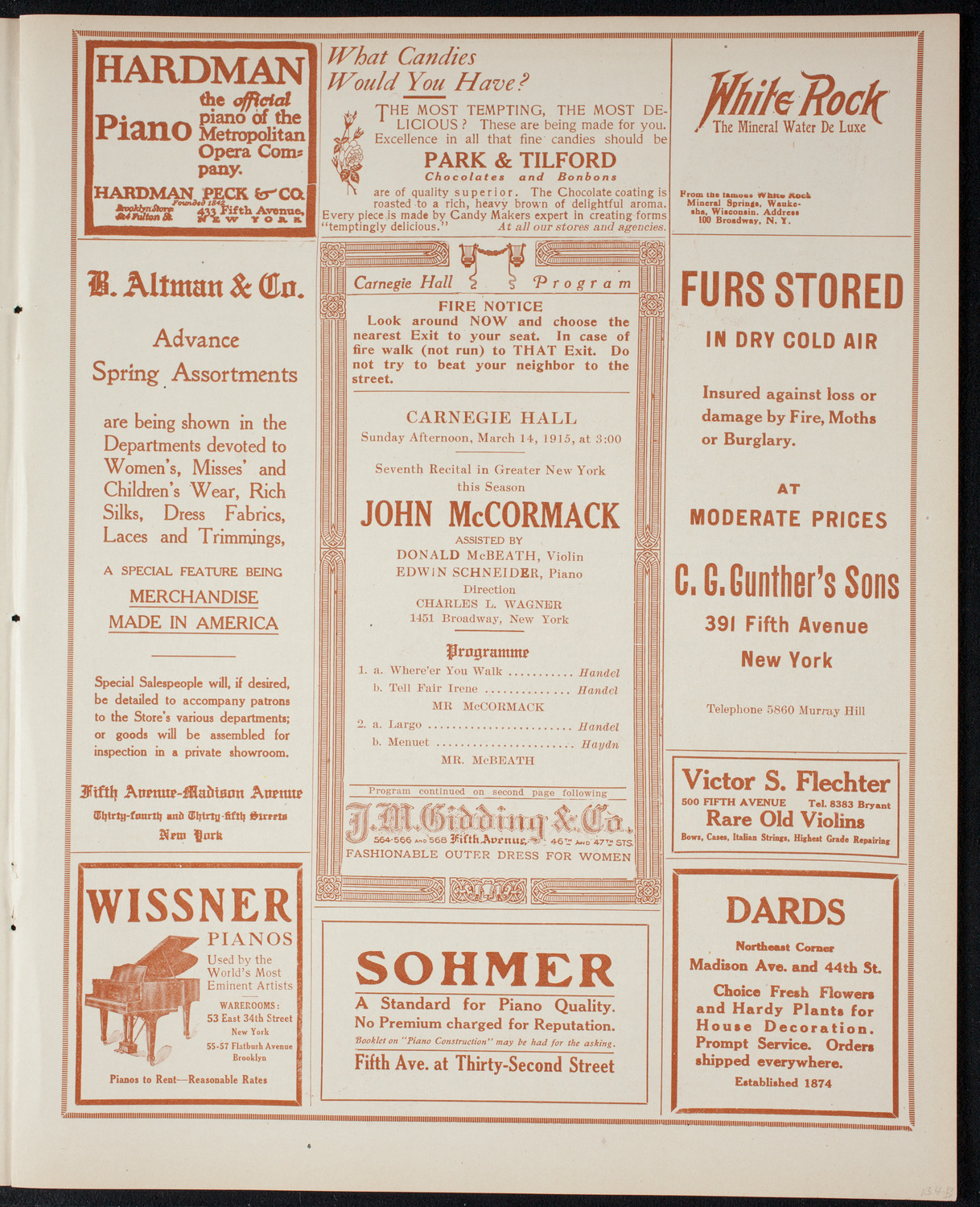 John McCormack, Tenor, March 14, 1915, program page 5