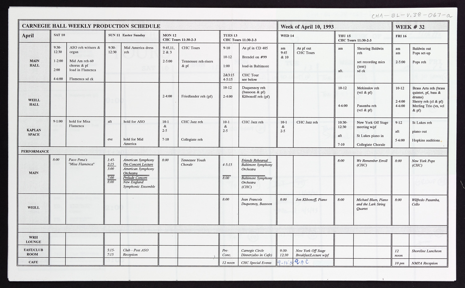 Carnegie Hall Booking Ledger, volume 38, page 67a