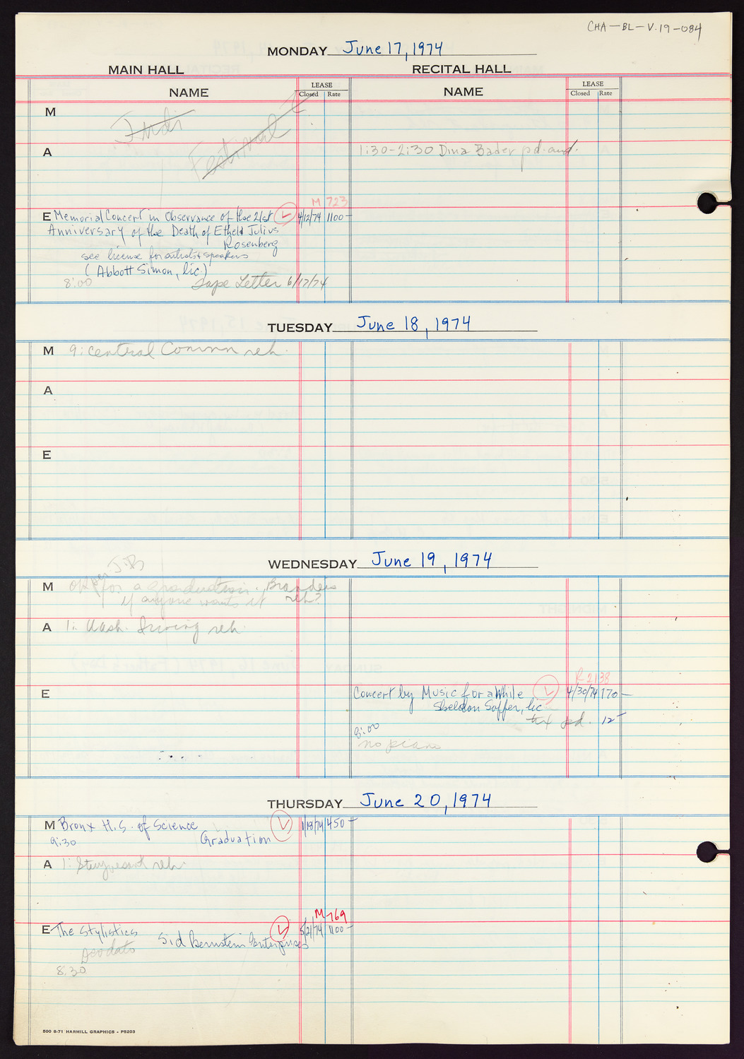 Carnegie Hall Booking Ledger, volume 19, page 84