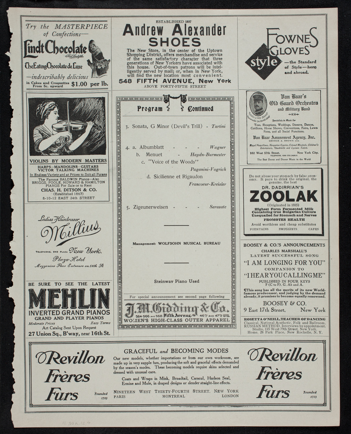 Mischa Elman, Violin, November 30, 1912, program page 7