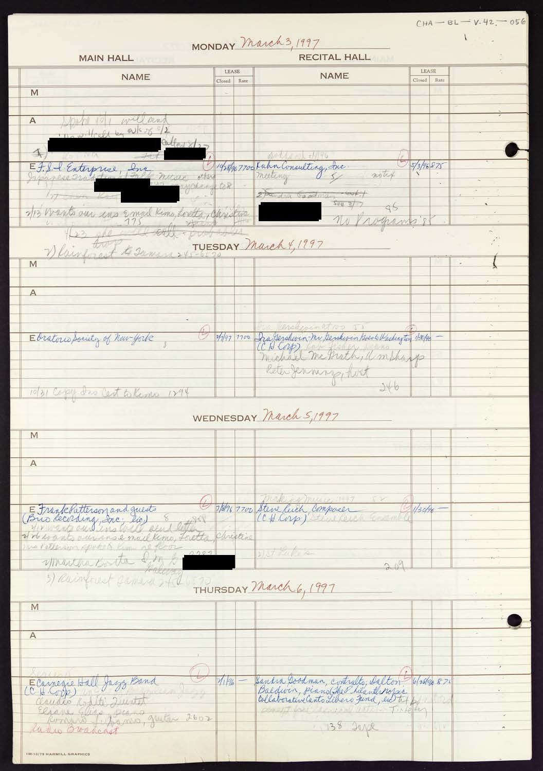 Carnegie Hall Booking Ledger, volume 42, page 56