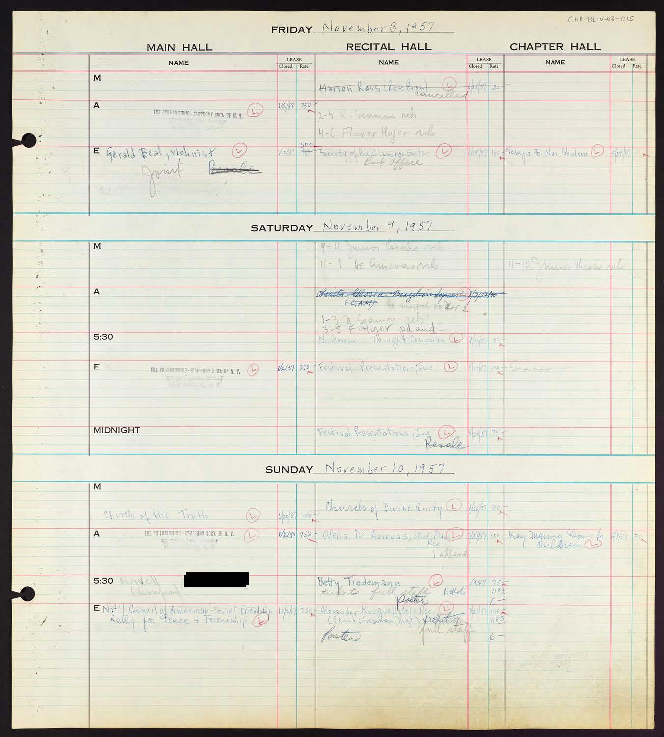 Carnegie Hall Booking Ledger, volume 3, page 15