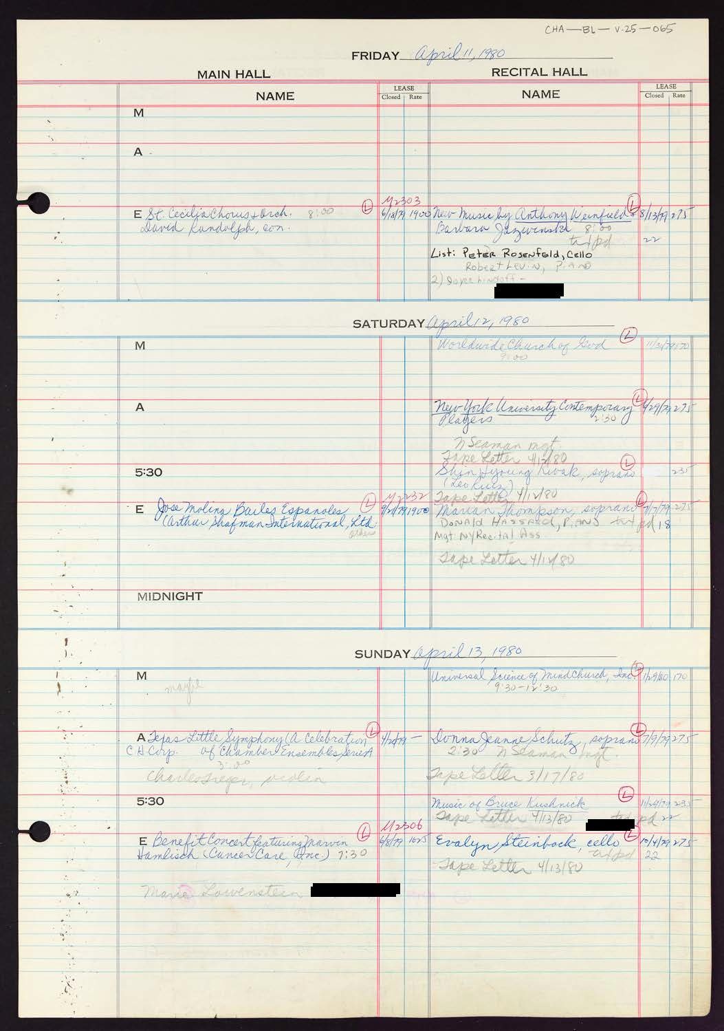 Carnegie Hall Booking Ledger, volume 25, page 65