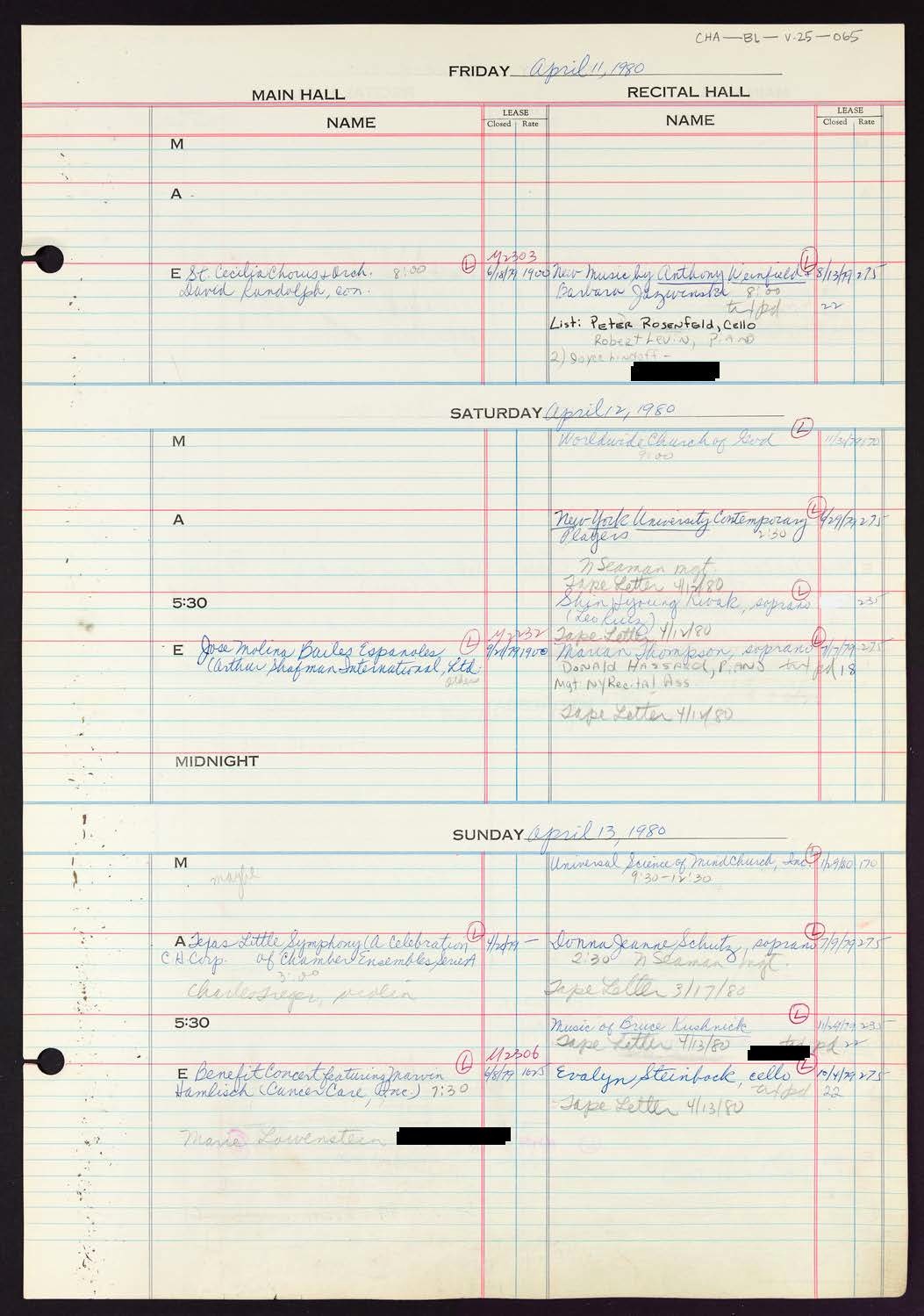 Carnegie Hall Booking Ledger, volume 25, page 65