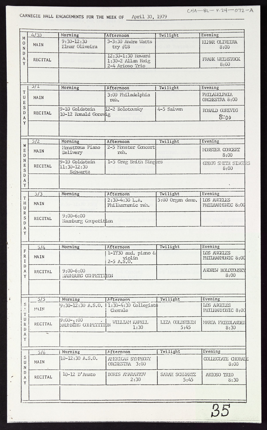 Carnegie Hall Booking Ledger, volume 24, page 72a