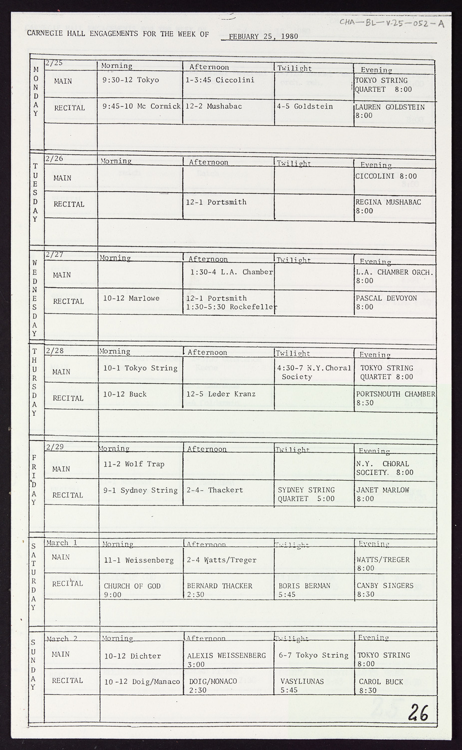 Carnegie Hall Booking Ledger, volume 25, page 52a