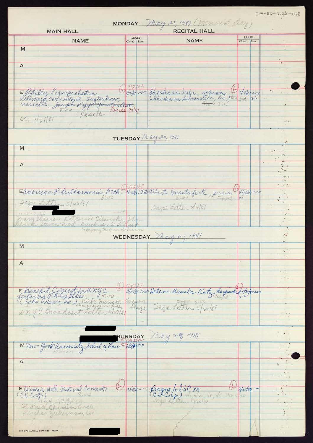 Carnegie Hall Booking Ledger, volume 26, page 78