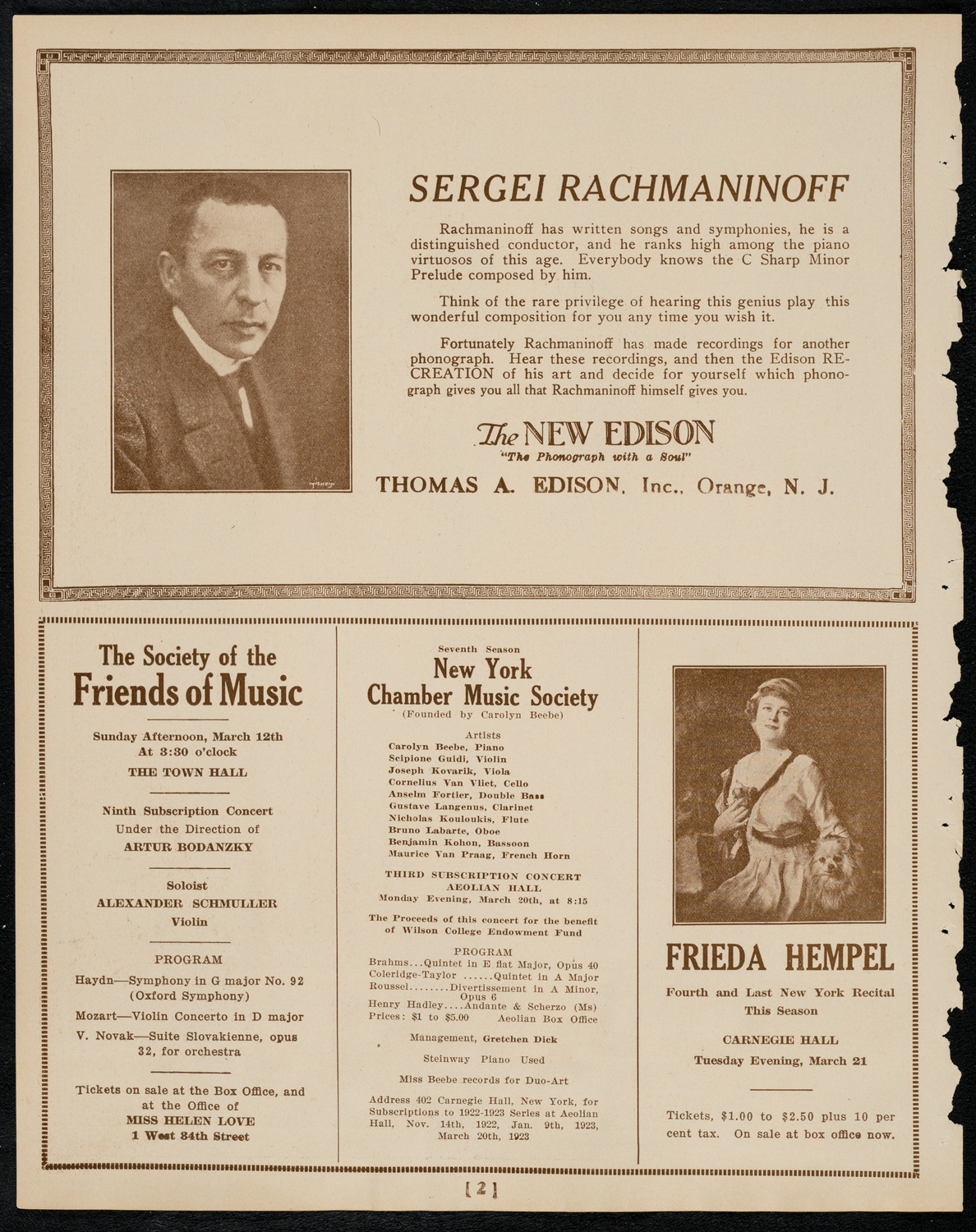 Jascha Heifetz, Violin, March 5, 1922, program page 2