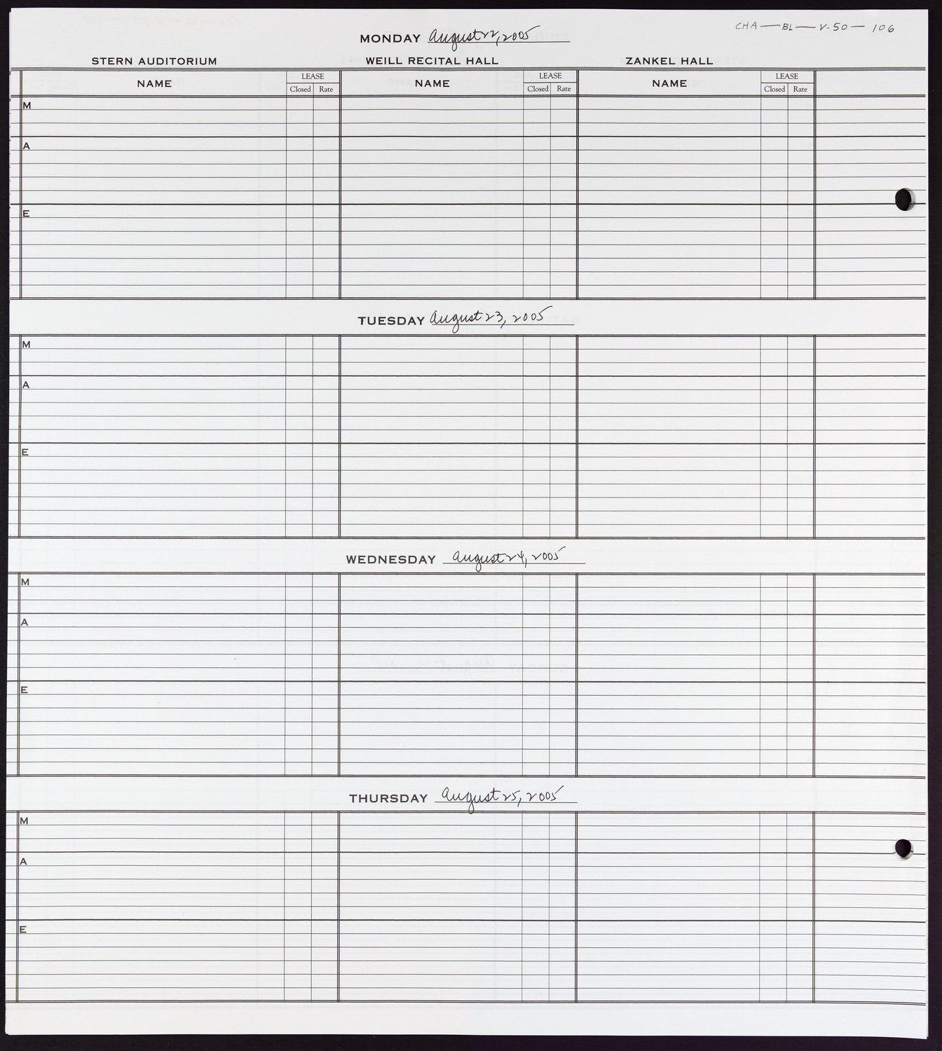 Carnegie Hall Booking Ledger, volume 50, page 106