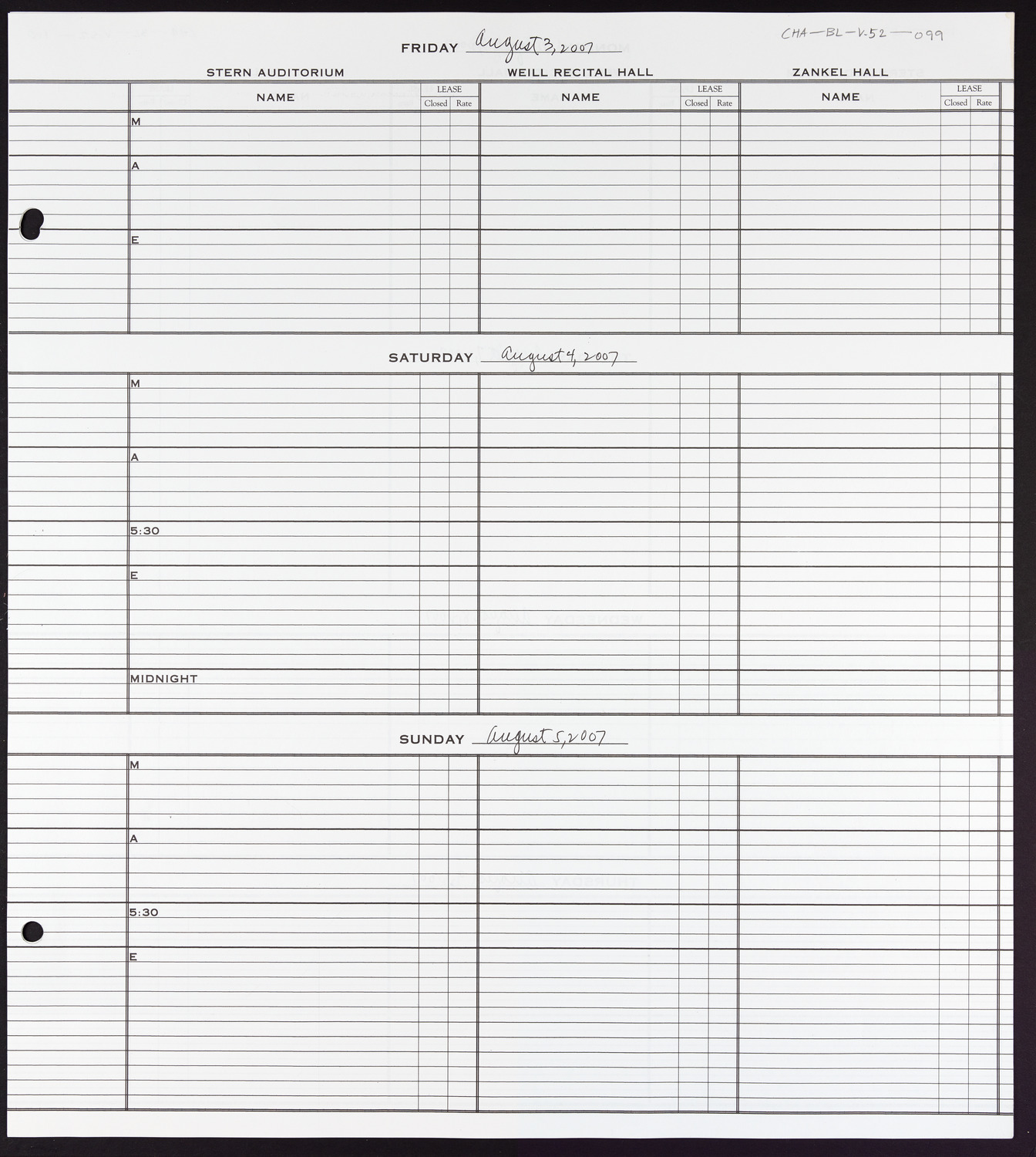 Carnegie Hall Booking Ledger, volume 52, page 99