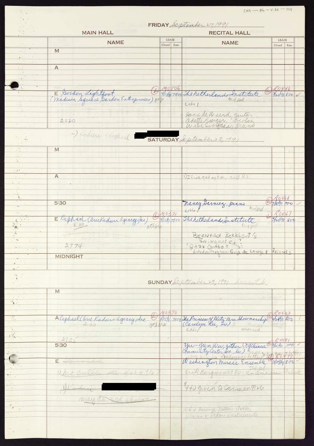 Carnegie Hall Booking Ledger, volume 37, page 11