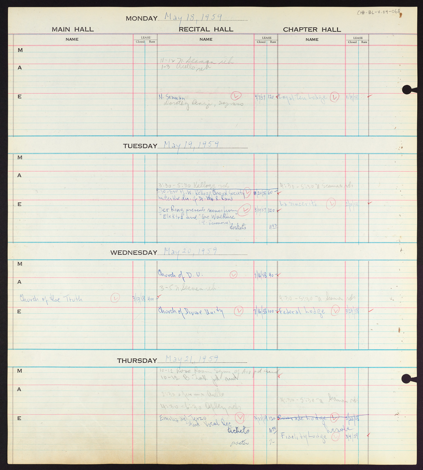 Carnegie Hall Booking Ledger, volume 4, page 68