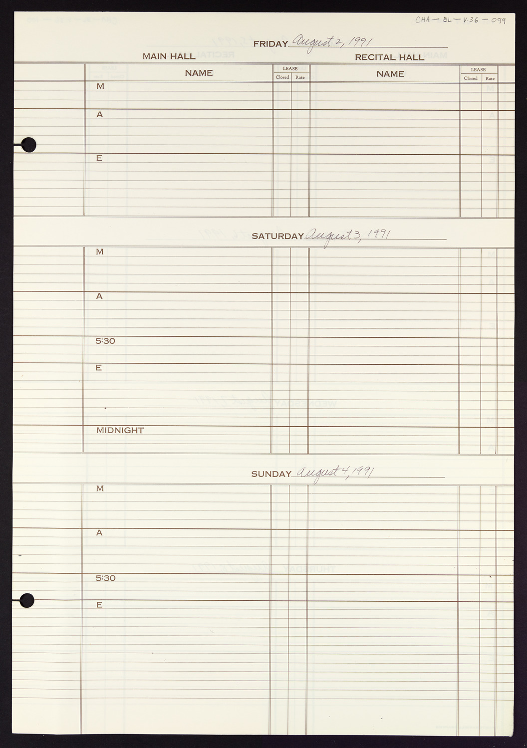 Carnegie Hall Booking Ledger, volume 36, page 99