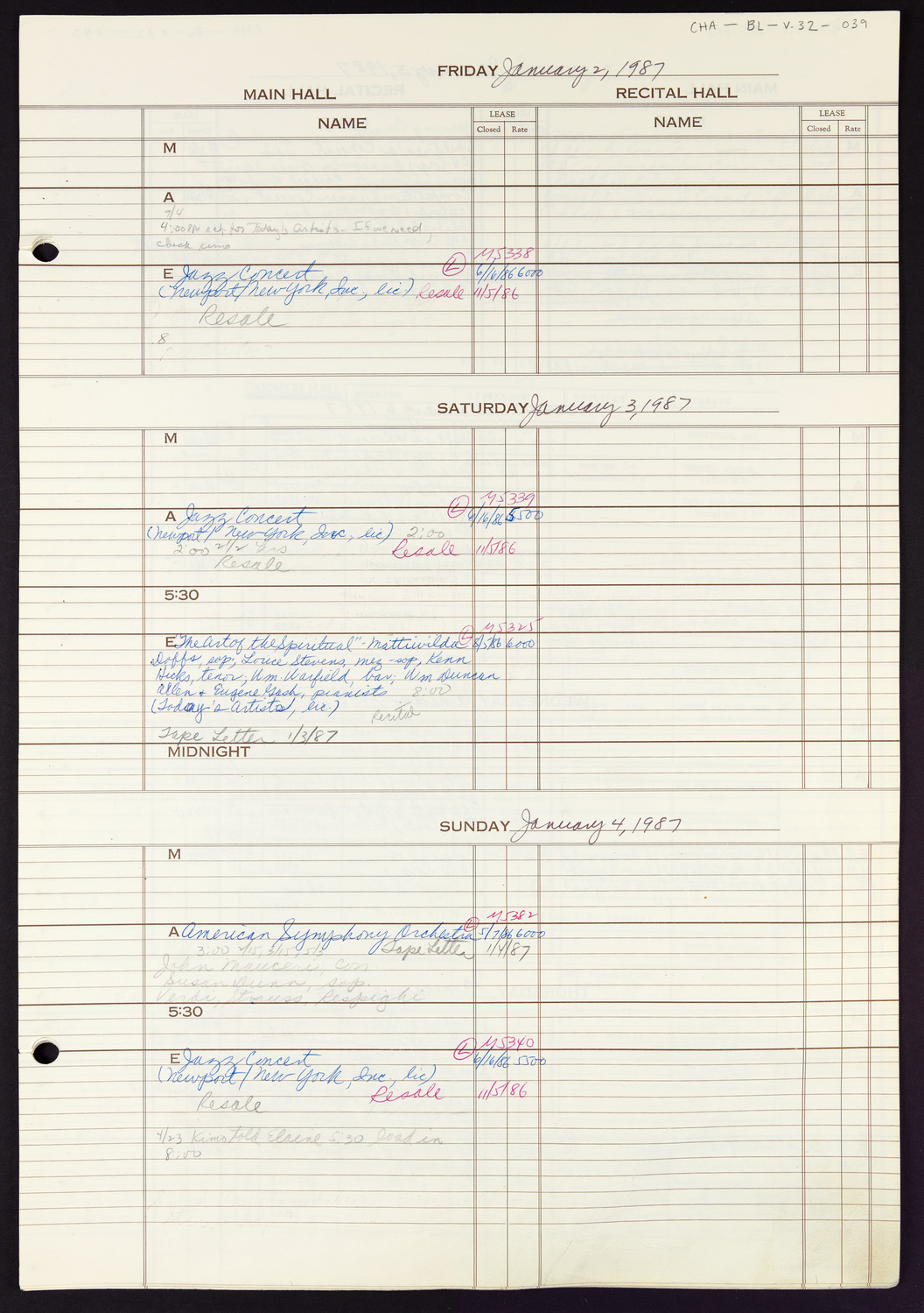 Carnegie Hall Booking Ledger, volume 32, page 39