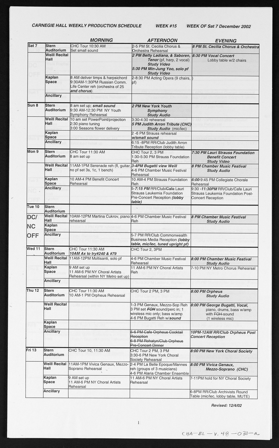 Carnegie Hall Booking Ledger, volume 48, page 31a