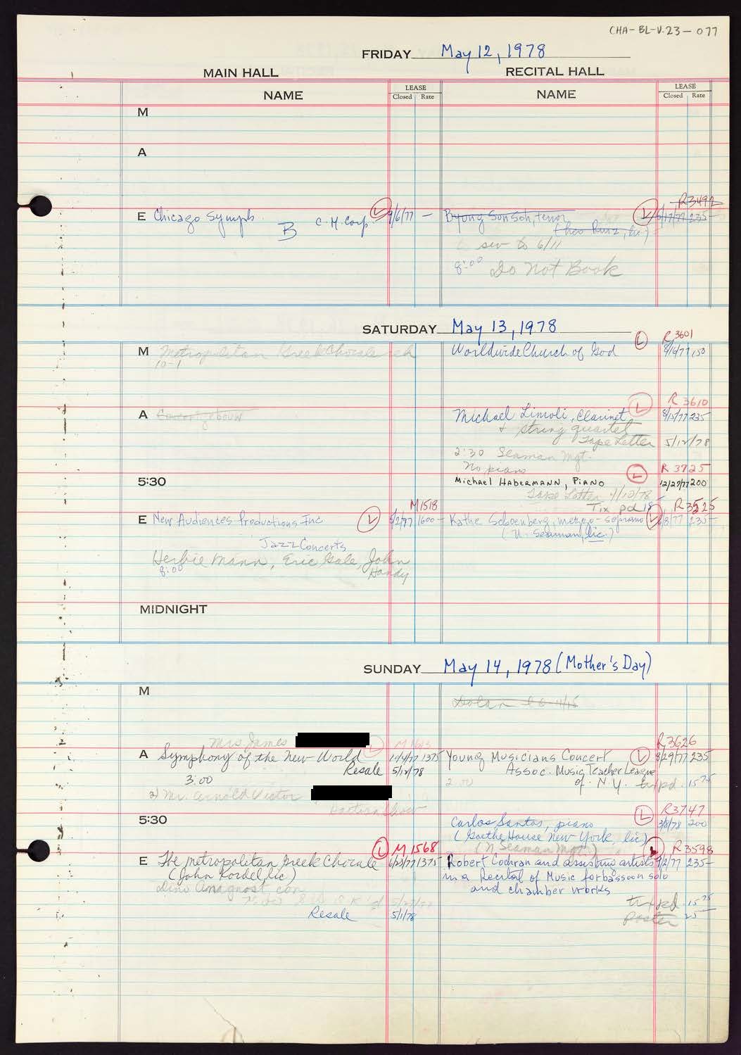 Carnegie Hall Booking Ledger, volume 23, page 77