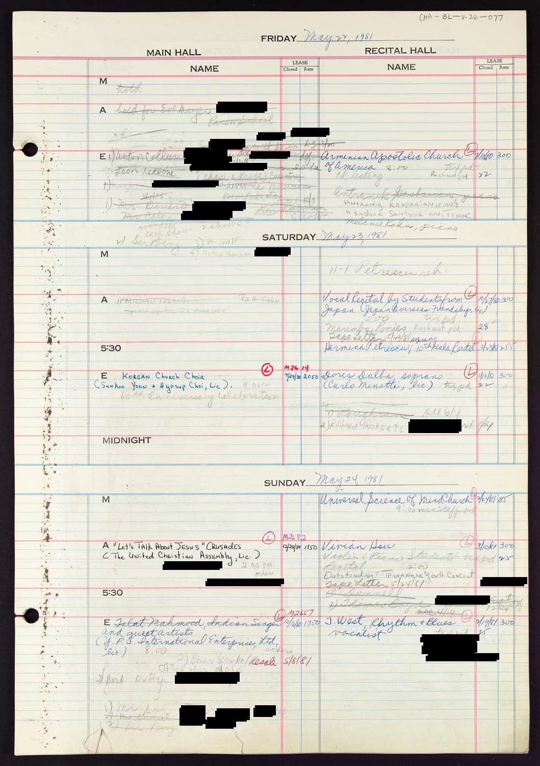 Carnegie Hall Booking Ledger, volume 26, page 77