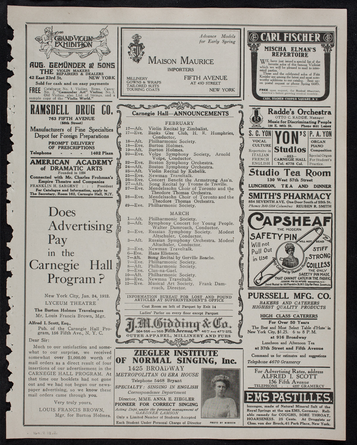 New York Philharmonic, February 16, 1912, program page 3