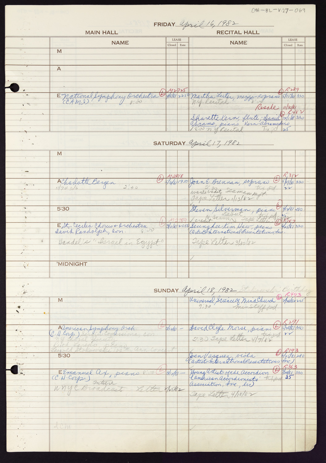 Carnegie Hall Booking Ledger, volume 27, page 69