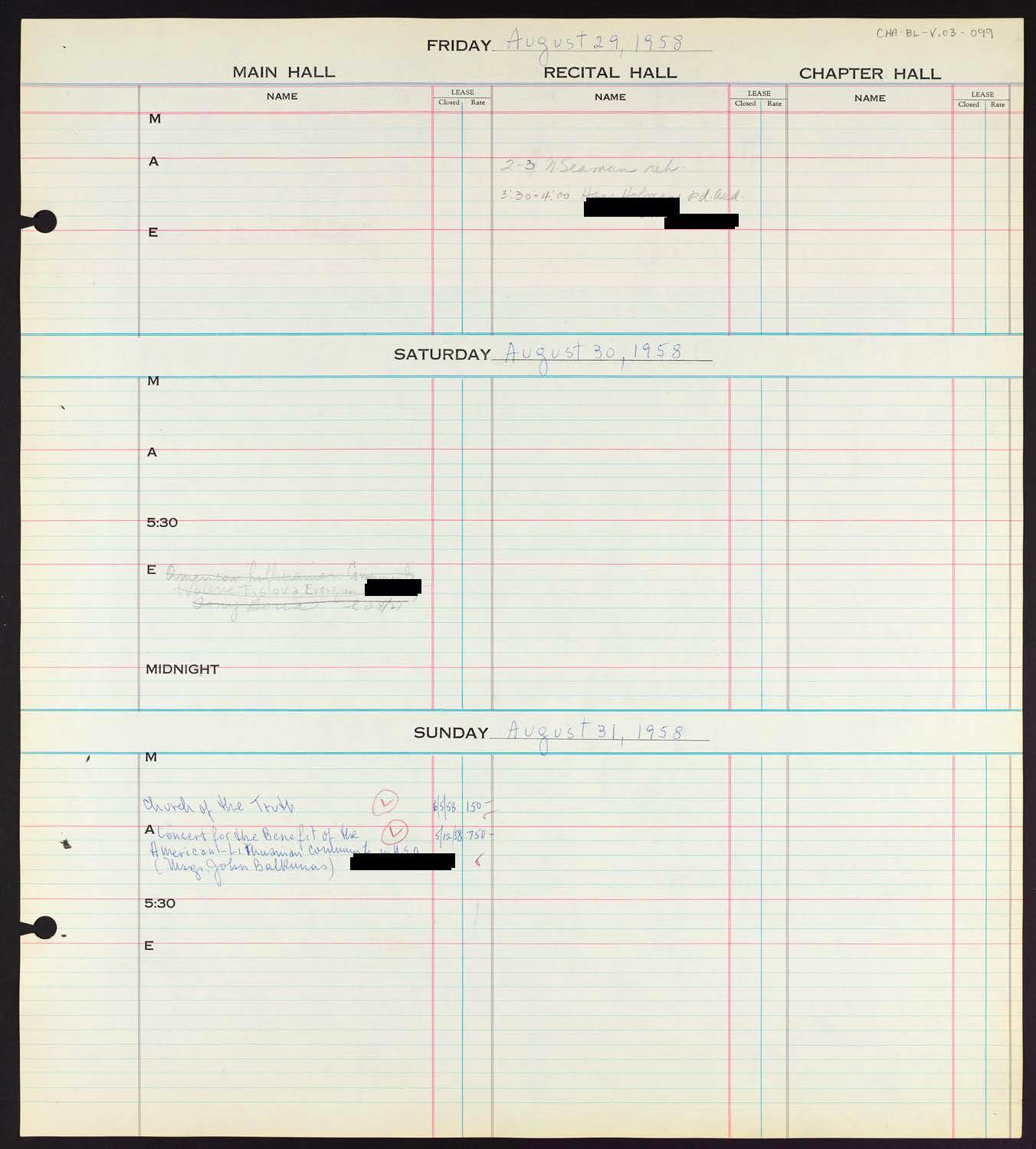 Carnegie Hall Booking Ledger, volume 3, page 99