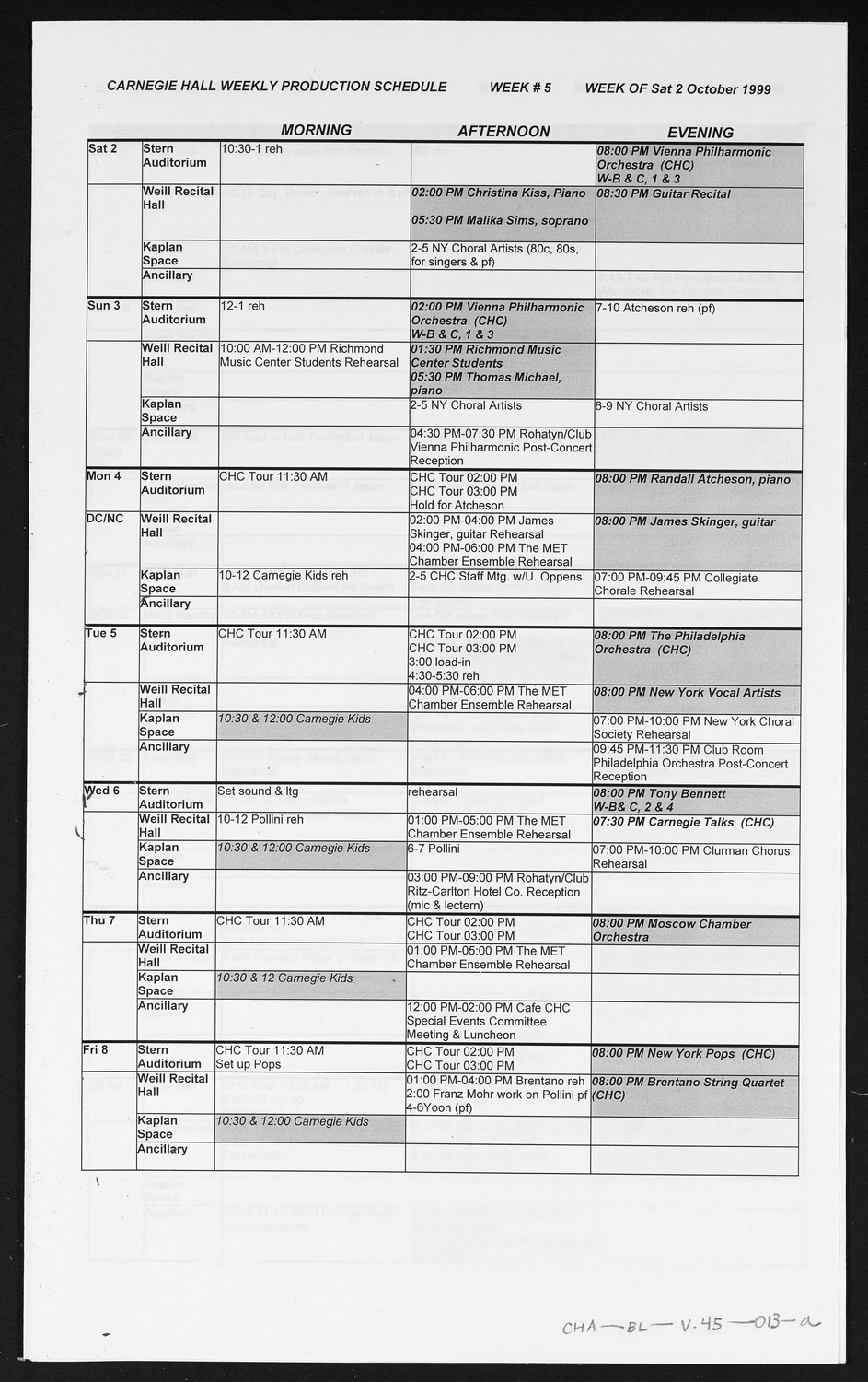 Carnegie Hall Booking Ledger, volume 45, page 13a