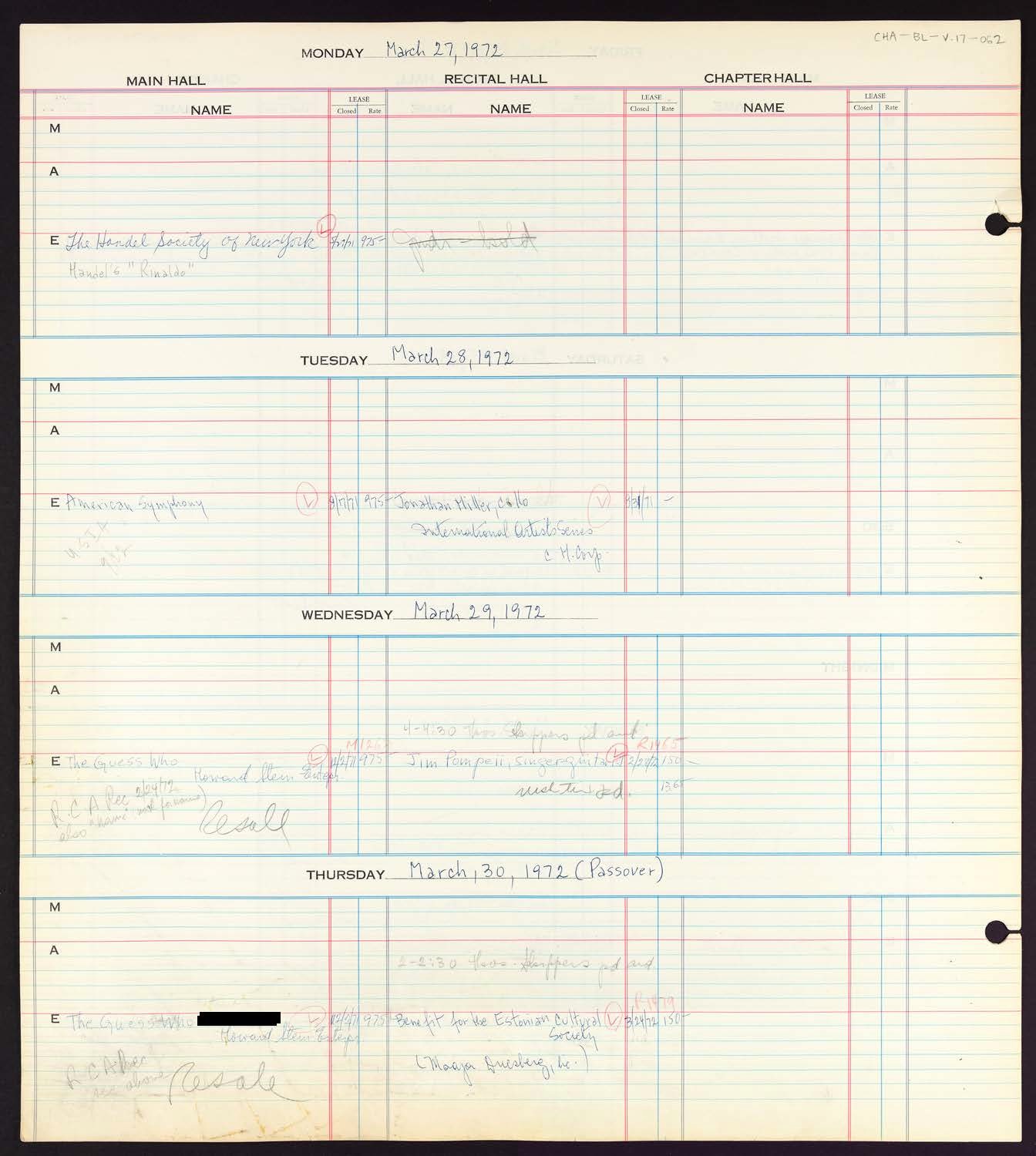 Carnegie Hall Booking Ledger, volume 17, page 62