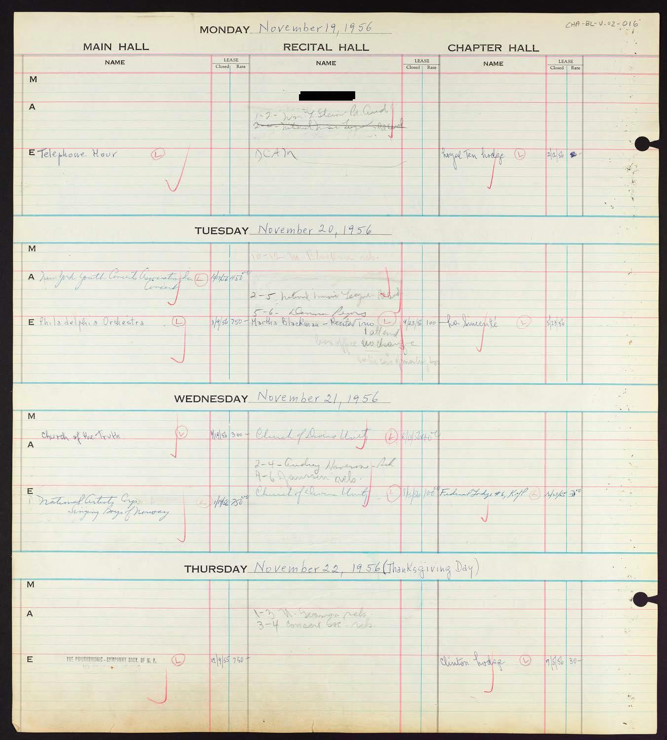 Carnegie Hall Booking Ledger, volume 2, page 16