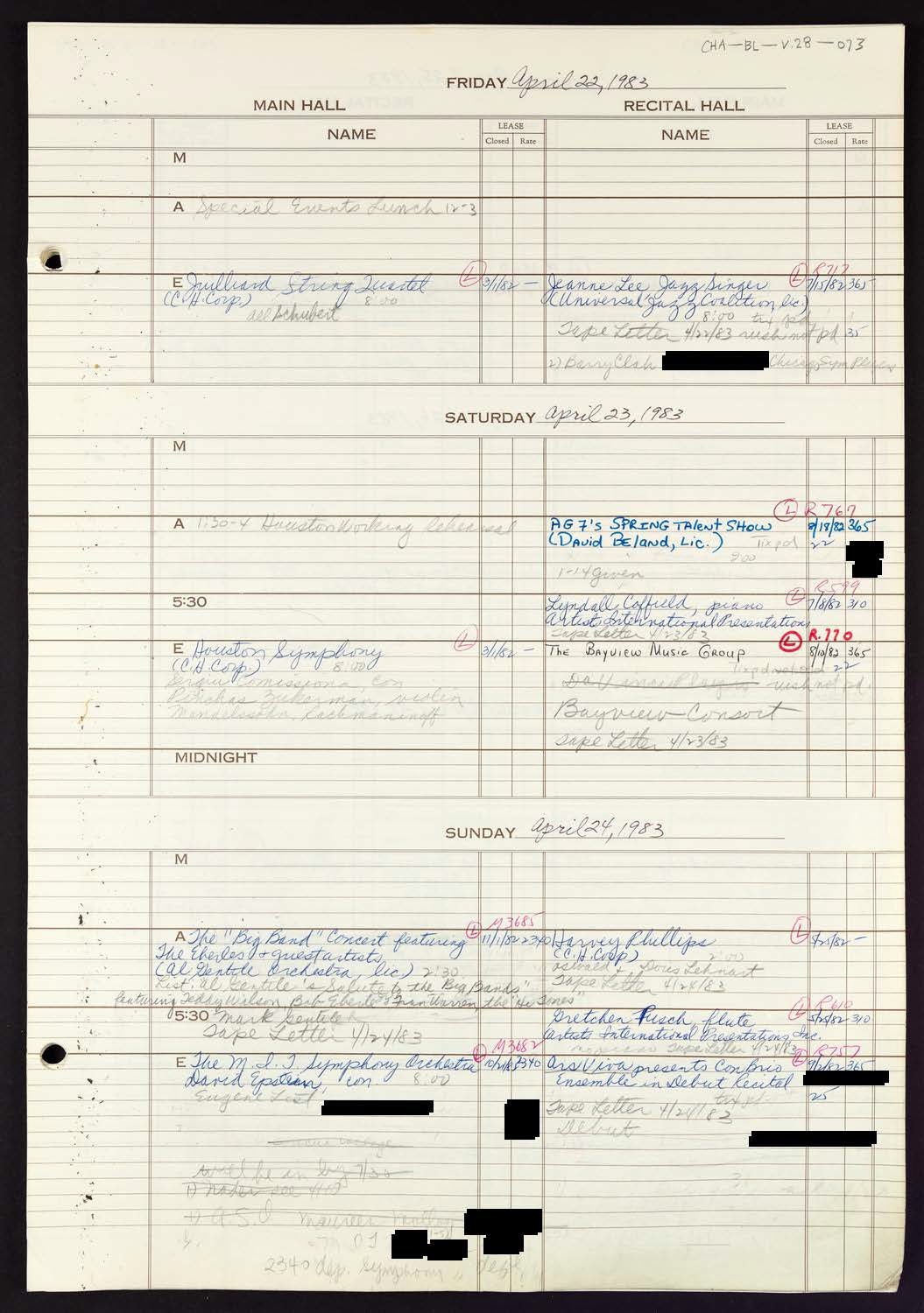 Carnegie Hall Booking Ledger, volume 28, page 73